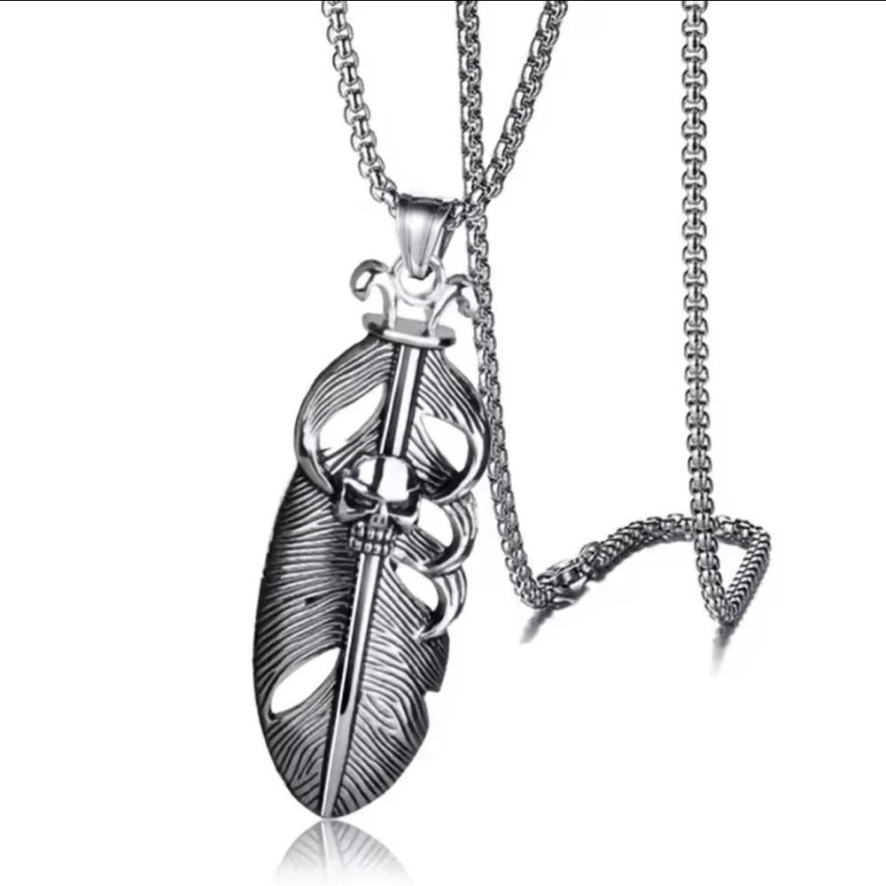 Platinum Plated Titanium Feather With Skull Embellishment Punk Bohemian Necklace